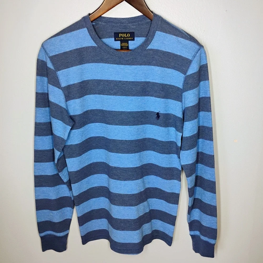 Polo Ralph Lauren Shirt‎ Mens Small Blue Striped Thermal Waffle Knit Pullover